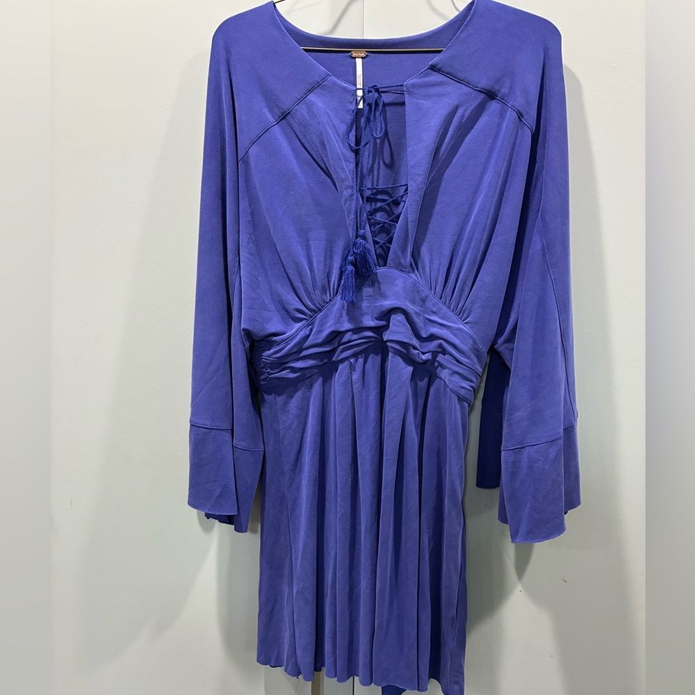 Free People Blue Lace Up Kimono Mini Dress Bell Sleeve Boho Size 2 EUC